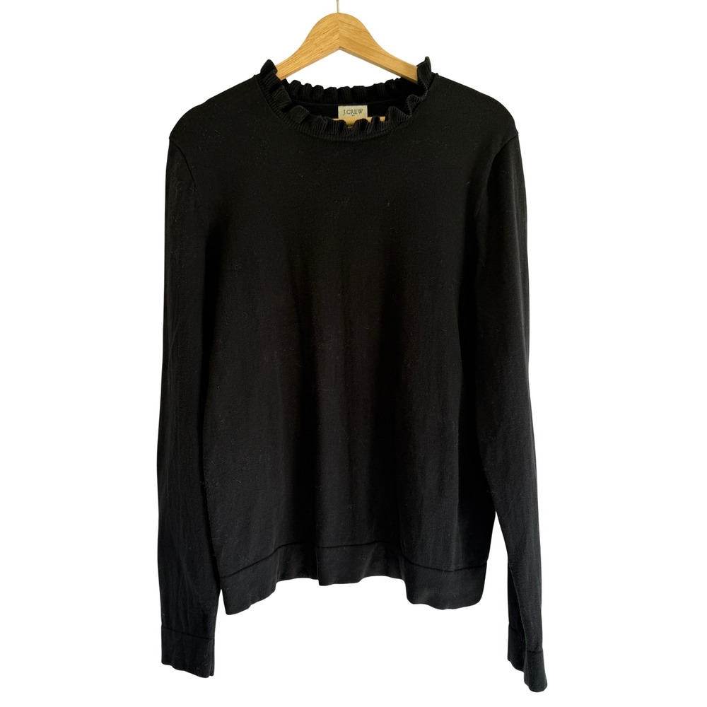 J.Crew Womens Black Ruffle Neck Cotton Knit Pullover Sweater Size Large